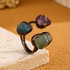 Vintage Exaggerated Natural Stone Rough Adjustable Triple Stone Ring